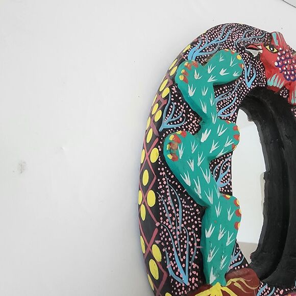 VTG Oaxacan Carved Wood Mirror Frame Oval Handed Paint Fish Cactus Bird Fox 7" - Picture 6 of 14